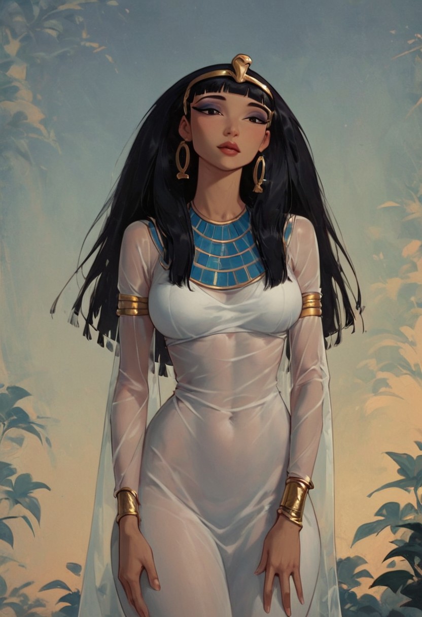 score_9, score_8_up, score_8, score_9_up, Queen Tuya, eyeshadow, long hair, black hair, blunt bangs, black eyes,egypt clothes, white robe, transparent clothes, white silk, gold jewelry, bracelets, headwear, gold headband, wide hips, slim waist, large breasts