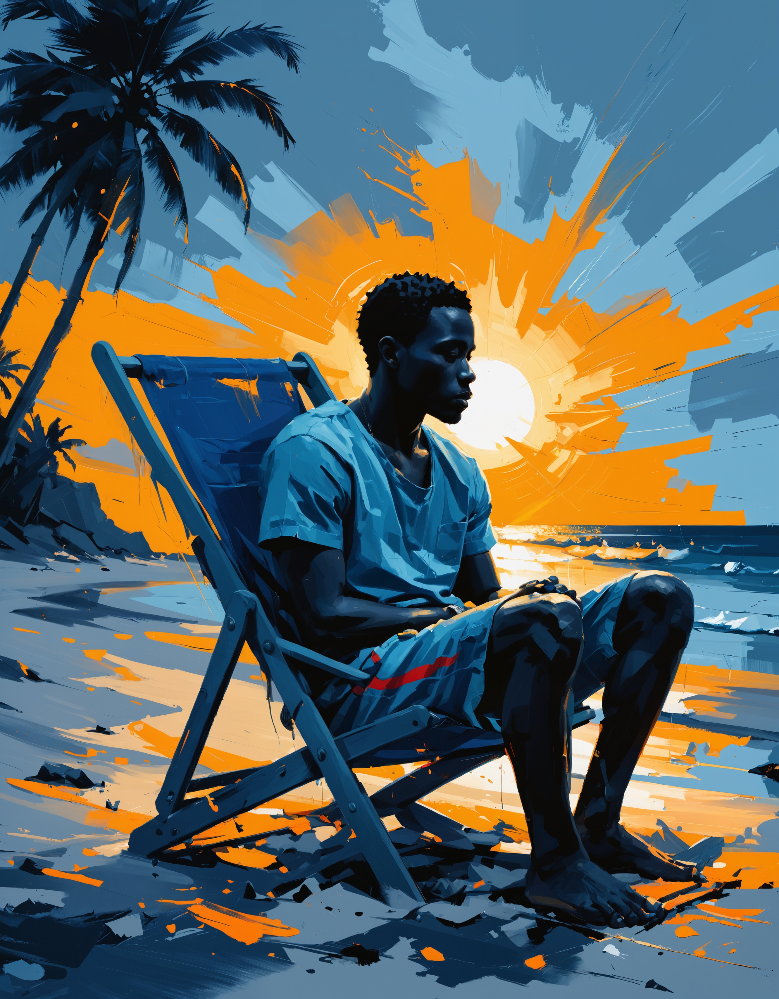 zavy-ngtvpnt, negative space, minimalism, painting, dynamic, Haitian Male, the Male is Disheartened and Holy, he is sitting in a Beach chair, at Dusk, Cosy, action, shiny, sunny, handsome, sublime, dynamic