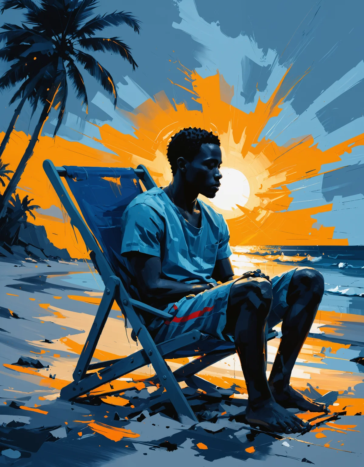 zavy-ngtvpnt, negative space, minimalism, painting, dynamic, Haitian Male, the Male is Disheartened and Holy, he is sitting in a Beach chair, at Dusk, Cosy, action, shiny, sunny, handsome, sublime, dynamic