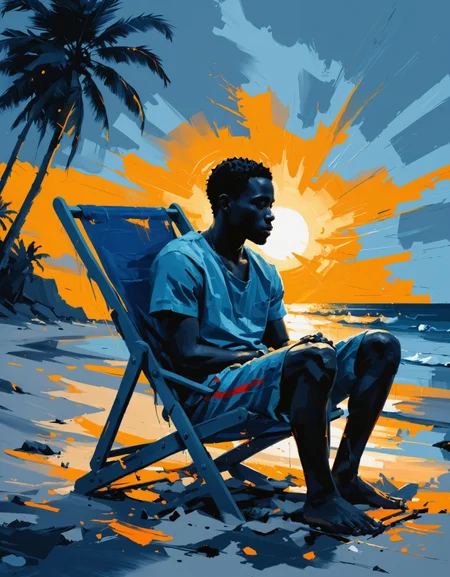 zavy-ngtvpnt, negative space, minimalism, painting, dynamic, Haitian Male, the Male is Disheartened and Holy, he is sitting in a Beach chair, at Dusk, Cosy, action, shiny, sunny, handsome, sublime, dynamic