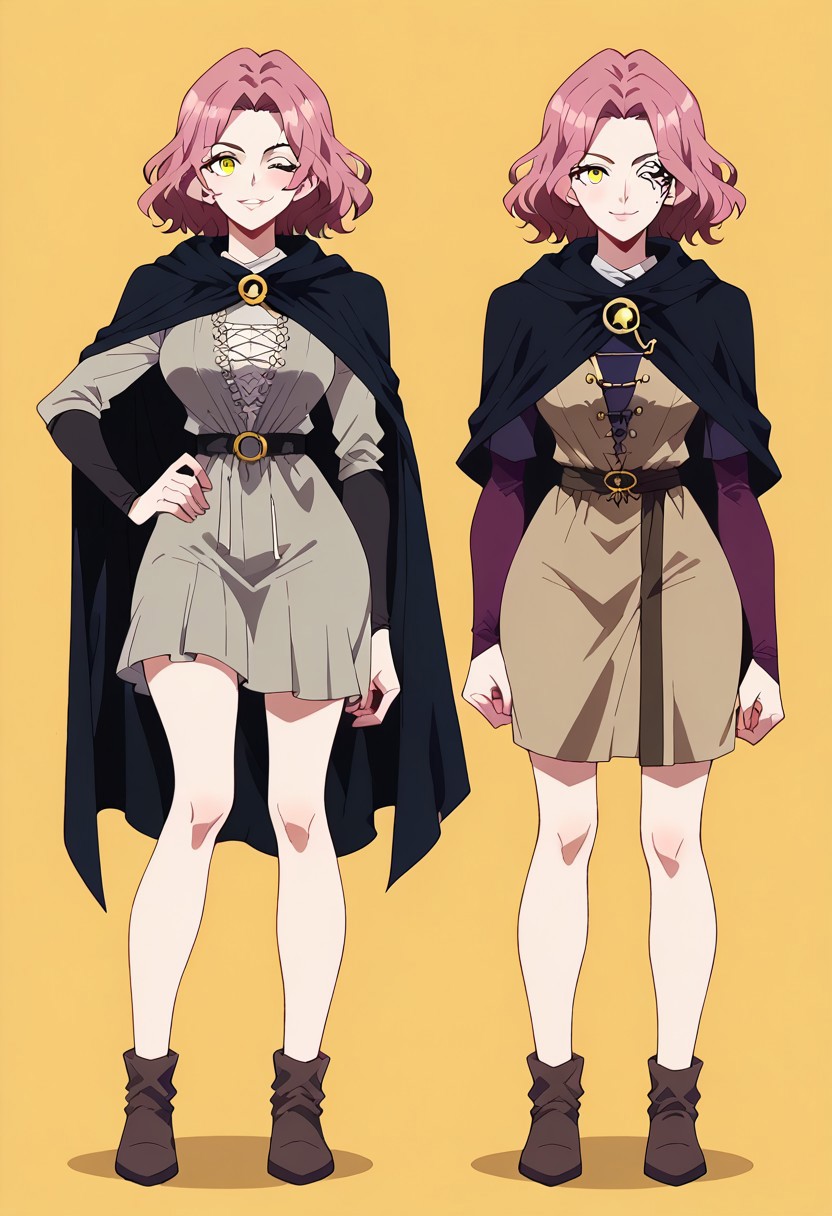 score_9, score_8_up, score_7_up, score_6_up, simple background, character sheet, looking at viewer, full body, 1girl, solo, character sheet, reference sheet, screencap ,MirandaPXL,1girl, solo, scar across eye, facial tattoo, one eye closed, brown hair, medium hair, yellow eyes, black cloak, hooded cloak, hood down, grey dress, long sleeves, cape, <lora:Melina_pdxl_Incrs_v2:1>, smile, cute, indoors, big breasts, seductive, thighs, legs, wide hips, one hand in hip, one hand with a fire ball