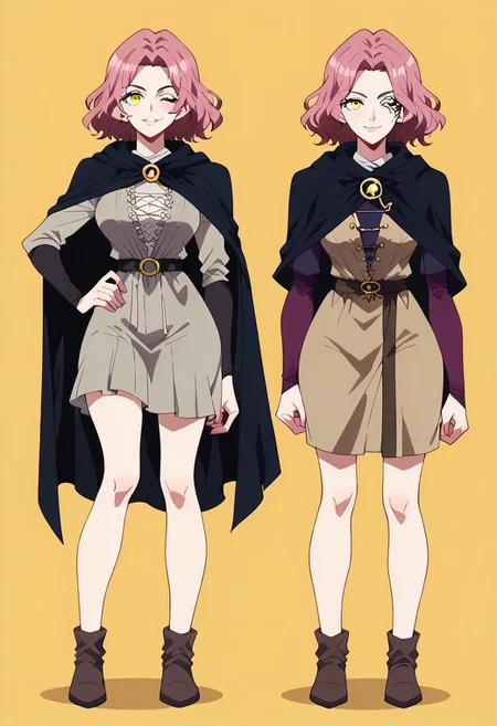 score_9, score_8_up, score_7_up, score_6_up, simple background, character sheet, looking at viewer, full body, 1girl, solo, character sheet, reference sheet, screencap ,MirandaPXL,1girl, solo, scar across eye, facial tattoo, one eye closed, brown hair, medium hair, yellow eyes, black cloak, hooded cloak, hood down, grey dress, long sleeves, cape, <lora:Melina_pdxl_Incrs_v2:1>, smile, cute, indoors, big breasts, seductive, thighs, legs, wide hips, one hand in hip, one hand with a fire ball
