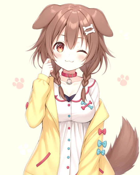 korone, inugami korone, :3, animal collar, bangs, blush, bone hair ornament, braid, brown eyes, brown hair, dog ears, dog girl, dog tail, hair ornament, long hair, looking at viewer, low twin braids, medium breasts, medium hair, solo, twin braids, virtual youtuber,
<lora:KORONE-XL-t1-000001:0.6>
yellow jacket, white shirt, collarbone, one eye closed, wink, cowboy shot,