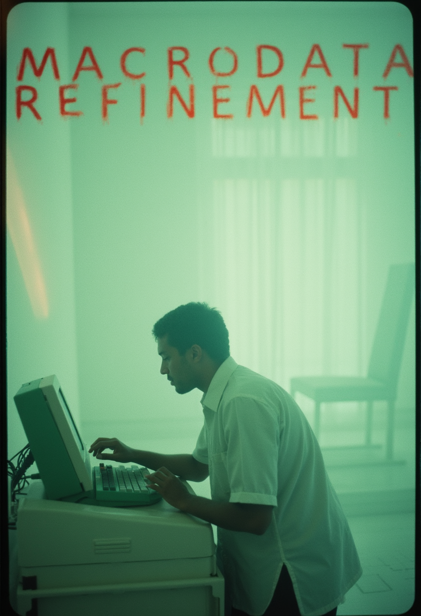 "A grainy 16mm film still of a faceless worker in a crisp white shirt, hunched over a flickering green terminal in a stark white room, 'MACRODATA REFINEMENT' scratched in shaky red letters across the top, soft pastel light leaks bleeding into the edges, a distant silhouette of a Wellness Session chair looming like a specter."
