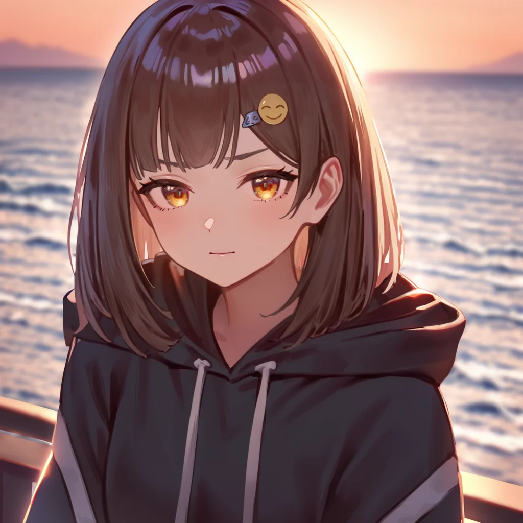 1girl, nanami \(virtuareal\), serious face, close-up, looking at viewer, smiley face hairclip, sitting by ocean, sunset, hoodie, masterpiece, best quality, absurdres <lora:nana7mi_xl-000042:1>