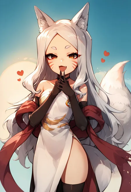 masterpiece, best quality, score_9, score_8_up, score_7_up, score_6_up, 18year old, mesugaki, smug, skin fang, hand to own mouth,Expressiveh,Shiro,
1girl, animal_ears, solo, tail, thighhighs, gloves, long_hair, fox_ears, dress, elbow_gloves, fox_tail, black_thighhighs, black_gloves, simple_background, red_eyes, hands_on_hips, facial_mark, choker, smile, white_dress, fox_girl, strapless, shawl, looking_at_viewer, white_hair, strapless_dress