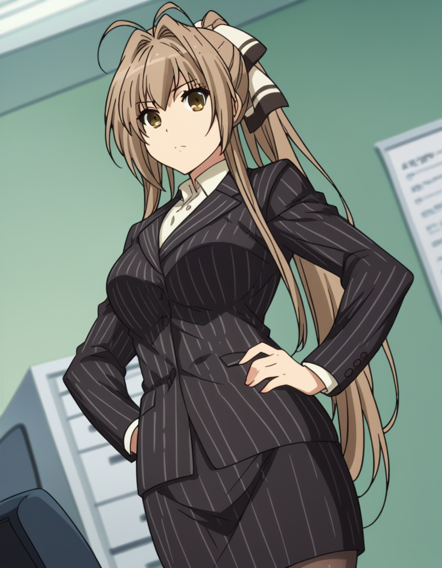 score_9, score_8_up, score_7_up, source_anime,
isuzusento, <lora:isuzu-sento-s1-ponyxl-lora-nochekaiser:1>,
isuzu sento, long hair, brown hair, bow, brown eyes, ponytail, hair intakes, antenna hair,
skirt, pantyhose, striped, formal, suit, pinstripe pattern, skirt suit, pinstripe suit,
office, hands on hips,
looking at viewer, cowboy shot, dutch angle, solo,
