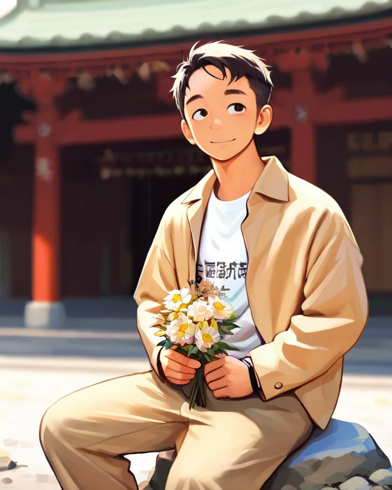 masterpiece, best quality, amazing quality, 1boy, solo, masterpiece, best quality, young man sitting on a rock, relaxed posture, casual outfit (beige jacket, white t-shirt, beige trousers), short dark hair, holding a small bouquet of flowers, slight smile, looking at the camera, outdoor setting, blurred background with architecture, candid lifestyle photography, shallow depth of field, bright and even lighting, sunny day, volumetric lighting, breeze style, <lora:BreeStyleWv2:1>