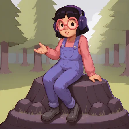 score_9, score_8_up, BREAK, Valerie, 1girl, solo, black hair, short hair, black eyes, headphones, round eyewear, pink t-shirt, long sleeves, blue overalls, black footwear, <lora:Valerie_RE_Spelunky2_PXL_Leaf1:1>, outdoors, forest, looking at viewer, sitting on rock, arms at sides,