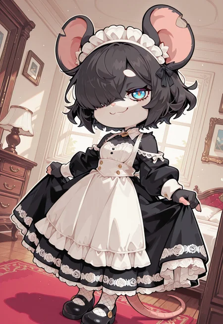 perfect eyes, S4bit4mago_illu, anime style, s0wasow4rt_illu, masterpiece, best quality, high quality, newest, highres, (chibi rat), score_9, score_8_up, score_7_up, Nameless_Style, chibi rat, rat girl, _Style, chibi, furry:1.2, Cartoon_Type, (solo), curvy, fluffy1.3, shortstack rat girl, (very short hair), messy hair , hair over one eye, (curly hair), medium chest, lace styled dress, maid outfit, bedroom, long dress, panoramic view of bedroom, stubby shoes, mary janes, thick white outline, curvy, white lace, face focus, fabric, intricate lace, intricate details:1.2, long dress, fishnet stocking, bare shoulders, blue eyes, lidded eyes, sulty gaze, confident, smile, lifting skirt, black lace, intricate details:1.2, long dress, (black fur), dynamic angle, hand on dress hem, countershade fur, stylish, pose, extremely detailed, high quality, cute background,