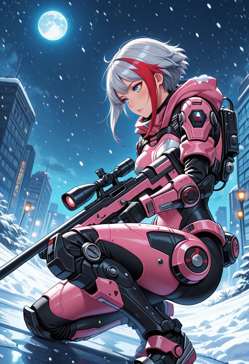 masterpiece, best quality, anime, BREAK 1girl, solo,dutch angle,from side,cowboy shot, glowing, on one knee, solo, holding weapon, puddle, (sniper rifle:1.6), night,moon,aiming,post-apocalypse, snow,(snowing:1.6), <lora:RealisticAnimeIXL:0.5> bokeh, luminescent background,on rooftop, looking down, <lora:Dramatic Lighting Slider:4> ( titanfall \(series\):1.6), floating hair, ,fortified suit, two-tone bodysuit, black bodysuit, pink bodysuit, skin tight, armored gloves, armored boots <lora:GrafSpeeIllusV4:1> blue eyes, or grey hair, short hair, sidelocks, streaked hair,medium breasts, grfrnd