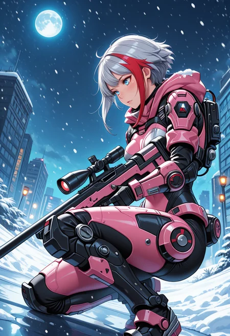 masterpiece, best quality, anime, BREAK 1girl, solo,dutch angle,from side,cowboy shot, glowing, on one knee, solo, holding weapon, puddle, (sniper rifle:1.6), night,moon,aiming,post-apocalypse, snow,(snowing:1.6), <lora:RealisticAnimeIXL:0.5> bokeh, luminescent background,on rooftop, looking down, <lora:Dramatic Lighting Slider:4> ( titanfall \(series\):1.6), floating hair, ,fortified suit, two-tone bodysuit, black bodysuit, pink bodysuit, skin tight, armored gloves, armored boots <lora:GrafSpeeIllusV4:1> blue eyes, or grey hair, short hair, sidelocks, streaked hair,medium breasts, grfrnd