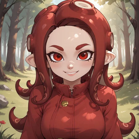 score_9, score_8, BREAK, solo, splatoon, octoling, female octoling, 1girl, tentacle hair, red hair, red eyes, cute, red eyebrows, red clothing, red pants, red shoes, breasts, Hilary_(\OC_Octoling\), sexy pose, self portrait, smile, outdoors, sunlight, shadows, evening lighting, natural lighting, forest, trees, grass, orange sky, sunset