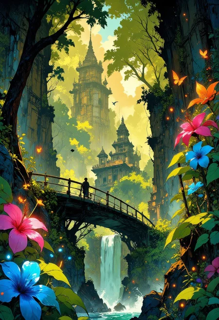 A breathtaking, ancient rope bridge stretches between two towering, jungle-covered cliffs, suspended high above a rushing emerald river. The bridge is weathered yet sturdy, wrapped in vibrant moss and cascading vines that sway gently in the tropical breeze. The golden rays of the sun filter through the thick, misty air, creating beams of light that dance across the landscape. Lush, oversized flowers in neon pinks, blues, and fiery oranges bloom along the edges, attracting shimmering, iridescent butterflies. Exotic birds with radiant plumage soar across the deep valley, their calls echoing through the air. In the distance, a hidden temple, partially covered by dense foliage, peeks through the mist—an invitation to adventure. The entire scene feels alive, pulsing with energy, color, and mystery, as if it’s a lost paradise waiting to be explored.
Anime art, Niji Stan Katayama Style
