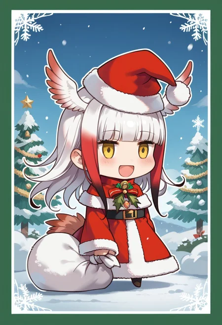 score_9, score_8_up, score_7_up, masterpiece, best quality, zzPadoru, blush, smile, open mouth, meme, holding sack, santa hat, dress, 1girl, solo, japanese crested ibis (kemono friends), head wings, multicolored hair, two-tone hair, white hair, red hair, long hair, blunt bangs, bangs, sidelocks, yellow eyes, bird tail, tail, long sleeves, wide sleeves, chibi, snow, Christmas tree, Christmas lights, Christmas border, red and green border, Christmas wreath border, presents, Christmas_card_outline
