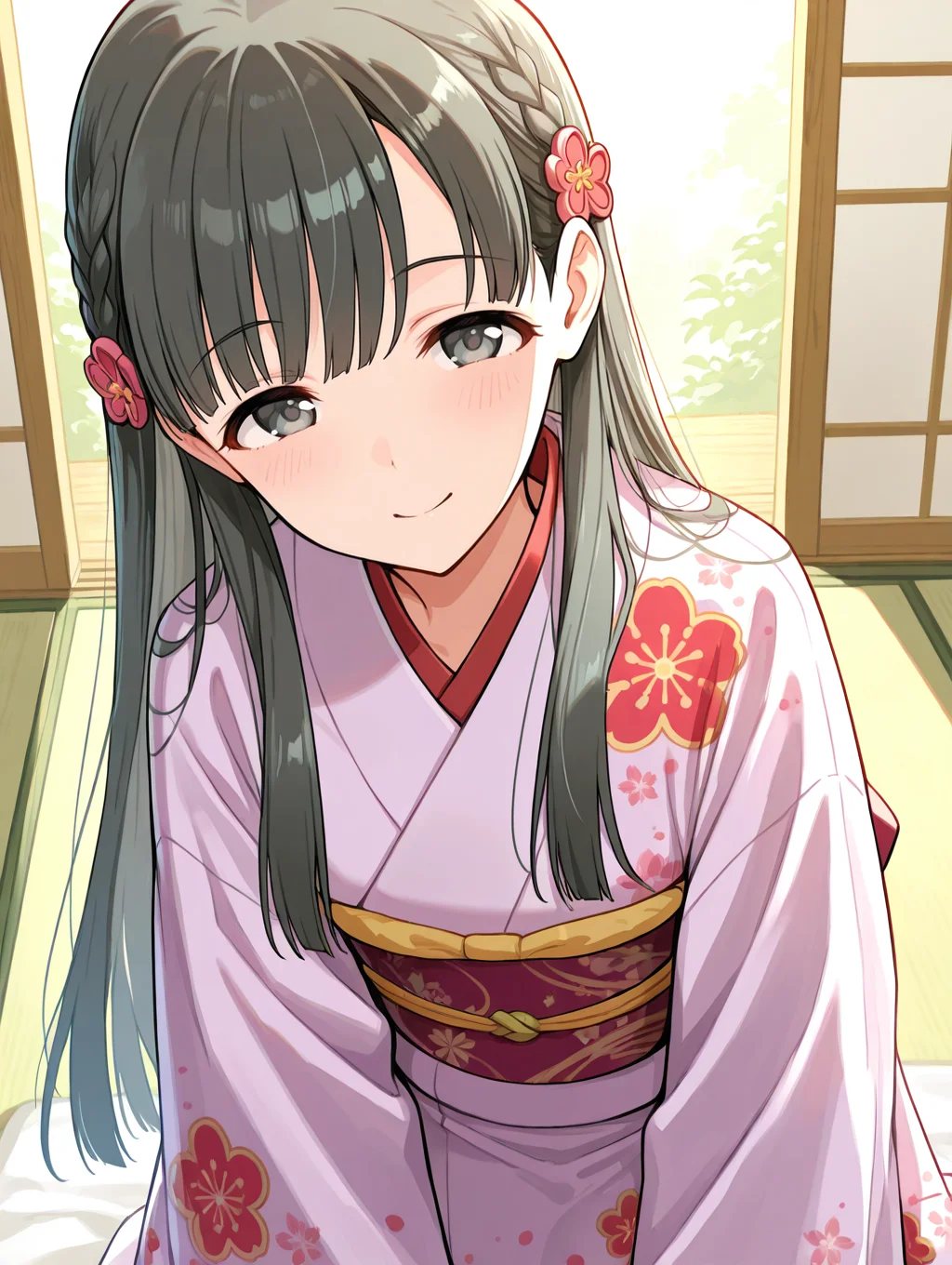 masterpiece,best quality,very aesthetic,absurdres,highres,newest,
1girl,solo,
kbykwse kimono,kobayakawa sae,black eyes,black hair,braid,eyebrows visible through hair,
japanese clothes,kimono,long hair,long sleeves,print kimono,shiny,shiny hair,wide sleeves,
flower,hair flower,hair ornament,highres,
bangs,blunt bangs,bow,
<lora:idolmaster_kobayakawa_sae_ill_v1.0:1>,