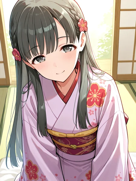 masterpiece,best quality,very aesthetic,absurdres,highres,newest,
1girl,solo,
kbykwse kimono,kobayakawa sae,black eyes,black hair,braid,eyebrows visible through hair,
japanese clothes,kimono,long hair,long sleeves,print kimono,shiny,shiny hair,wide sleeves,
flower,hair flower,hair ornament,highres,
bangs,blunt bangs,bow,
<lora:idolmaster_kobayakawa_sae_ill_v1.0:1>,