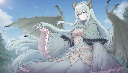 <lora:PAARTHURNAX_IL:0.8>,
masterpiece,best quality,good quality,newest,
outdoors,detailed background,nature,blue sky,blue sky,lens_flare,glitter,
smile,
looking at another,
solo,
PAARTHURNAX,1girl,dragon horns,broken horn,dragon girl,dragon wings,very long hair,green hair,hair between eyes,green eyes,breasts,
capelet,dress,sleeves past wrists,wide sleeves,
wind,floating hair,