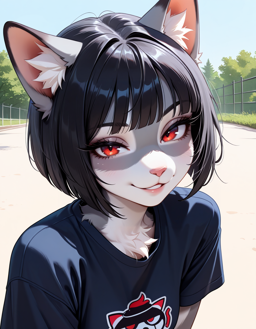 masterpiece, best quality, very aesthetic, absurdres,
outdoors,
t-shirt,
headshot, face focus,
seductive smile, parted lips, long eyelashes,
<lora:Molly_v01_NAIXL:1>
Duska,1girl,solo,furry,female,cat girl,short hair,bob cut,black hair,bangs,cat ears,animal ear fluff,red eyes,animal nose,body fur,two-tone fur,grey fur,white fur,