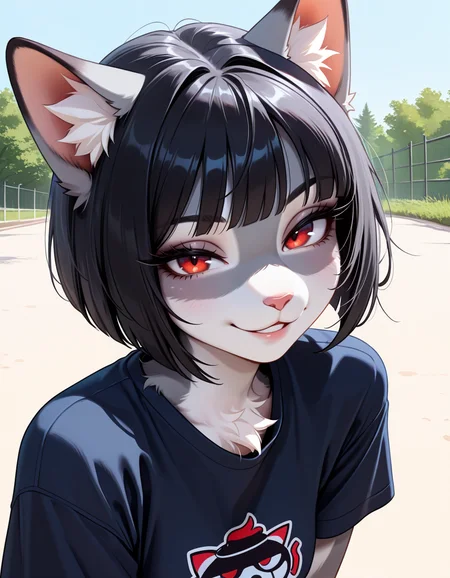 masterpiece, best quality, very aesthetic, absurdres,
outdoors,
t-shirt,
headshot, face focus,
seductive smile, parted lips, long eyelashes,
<lora:Molly_v01_NAIXL:1>
Duska,1girl,solo,furry,female,cat girl,short hair,bob cut,black hair,bangs,cat ears,animal ear fluff,red eyes,animal nose,body fur,two-tone fur,grey fur,white fur,