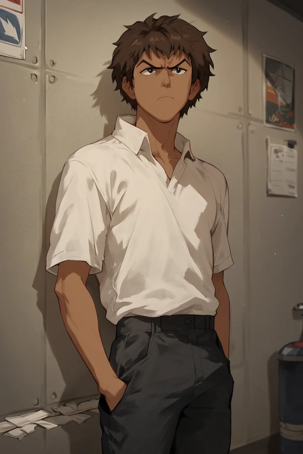score_9, score_8_up, score_7_up, score_6_up, score_5_up, score_4_up, <lora:Jet:0.8>, 1boy, solo, jet, brown hair, black eyes, dark skin, indoors, frown, white shirt, pants,
