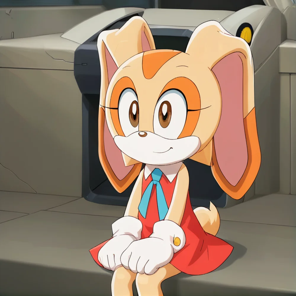hi res, best quality, female, Score_9, score_8, score_7 BREAK, best anatomy, small body, young, petite, (solo), ultra detailed, short, (source_cartoon), (((show accurate))), (masterpiece), <lora:Cream_the_rabbit_Pony_V3:1>, cre@m_the_rabbit, furry, two-tone fur, rabbit ears, 1girl, animal nose, brown eyes, rabbit girl, orange dress, white gloves, neck ribbon, blue ribbon, sitting, smile, upper body