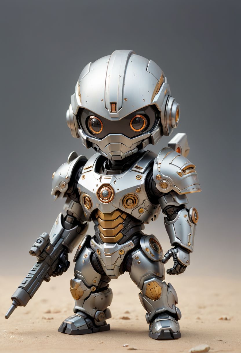 Cute little happy miniature chibi futuristic mecha with big comically weapon , wearing armor and plated armor, holding weapon
