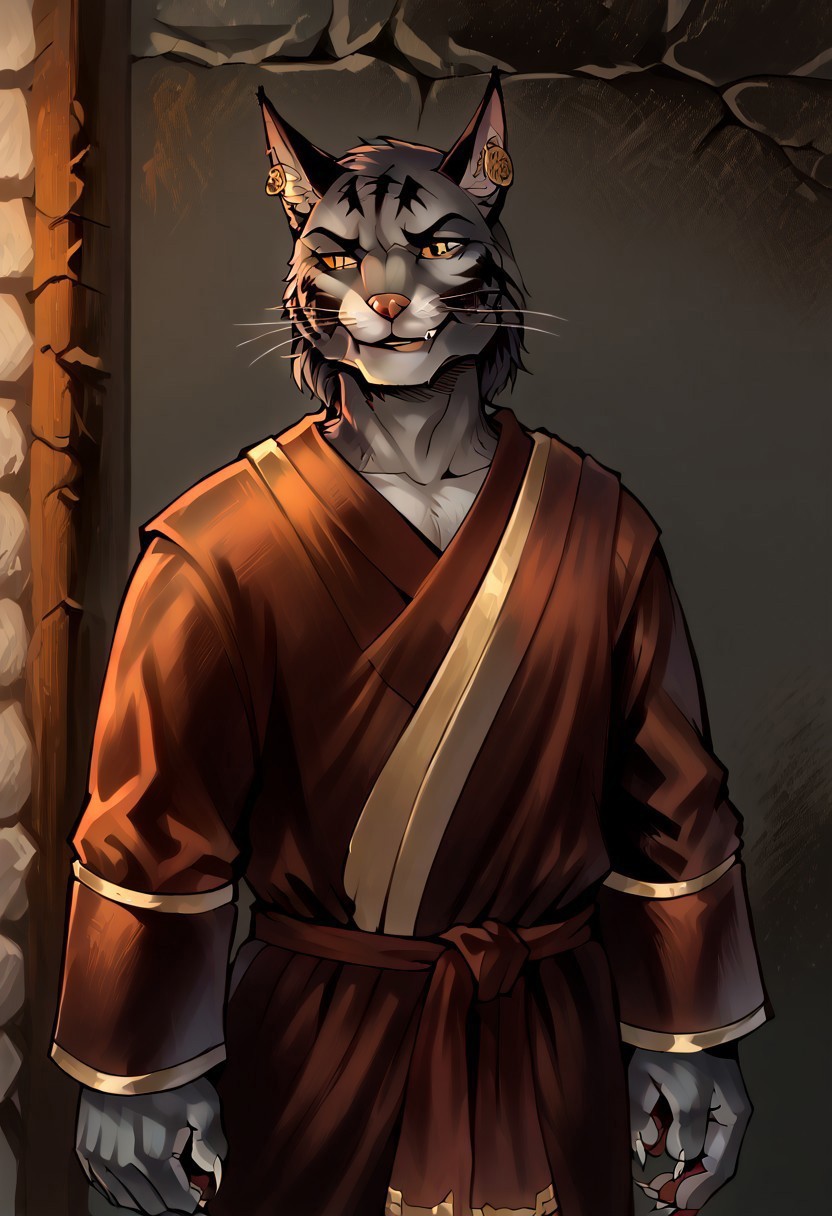 score_9, score_8_up, score_7_up,  

BREAK
slim male (((furry khajiit))), feline, 45 year old male with cat nose, cat whiskers and a tail, evil, yellow feline eyes, prominent eyebrows, smug, wealthy, sleek, mutton chops, smooth, slick, charming, oily, groomed beard, (((black short fur tabby, cat nose, whiskers, cat ears, cat tail))), frank frazetta style, rich, luxurious, wearing skyrim high fantasy nobleman's clothing, lord's clothing,  brown padded luxurious coat, medallion, toned body, (((mature face, smug evil expression))), 4K, high quality, detailed, skyrim style
