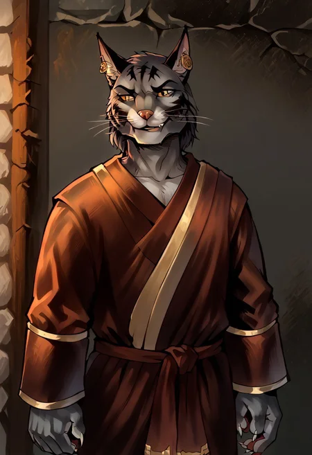 score_9, score_8_up, score_7_up,
BREAK
slim male (((furry khajiit))), feline, 45 year old male with cat nose, cat whiskers and a tail, evil, yellow feline eyes, prominent eyebrows, smug, wealthy, sleek, mutton chops, smooth, slick, charming, oily, groomed beard, (((black short fur tabby, cat nose, whiskers, cat ears, cat tail))), frank frazetta style, rich, luxurious, wearing skyrim high fantasy nobleman's clothing, lord's clothing, brown padded luxurious coat, medallion, toned body, (((mature face, smug evil expression))), 4K, high quality, detailed, skyrim style