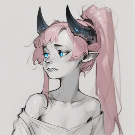 score_9, score_8_up, score_7_up, sketch, monochrome, greyscale, spot color, upper body, Lynn Pink, blue eyes, pink hair, ponytail, tail, horns, pointy ears, fangs, (((adult))), small breasts, simple shirt, long sleeves, off shoulder, no bra, looking away, arms at sides