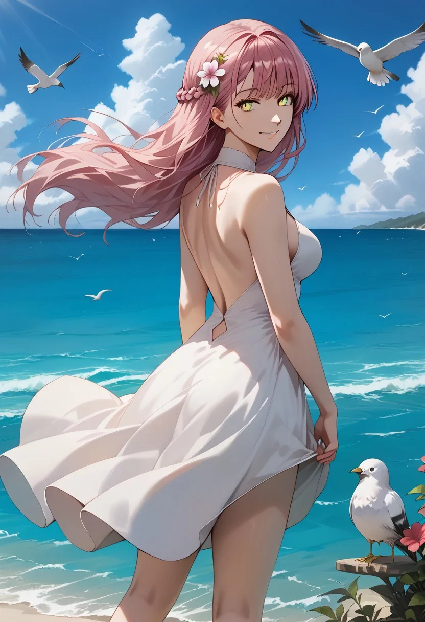 masterpiece,best quality,1girl,solo,long hair,breasts,looking at viewer,smile,bangs,hair ornament,dress,bare shoulders,medium breasts,standing,yellow eyes,pink hair,braid,flower,outdoors,sky,sleeveless,day,looking back,cloud,water,from behind,white dress,blue sky,bare arms,bare legs,floating hair,sleeveless dress,bird,ocean,beach,plant,backless outfit,horizon,backless dress,seagull,