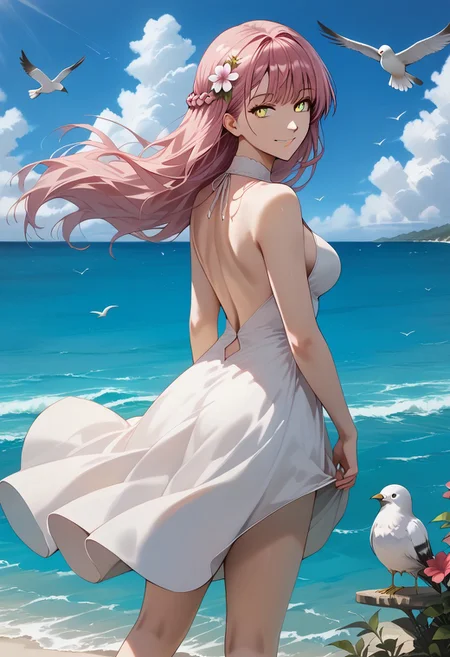 masterpiece,best quality,1girl,solo,long hair,breasts,looking at viewer,smile,bangs,hair ornament,dress,bare shoulders,medium breasts,standing,yellow eyes,pink hair,braid,flower,outdoors,sky,sleeveless,day,looking back,cloud,water,from behind,white dress,blue sky,bare arms,bare legs,floating hair,sleeveless dress,bird,ocean,beach,plant,backless outfit,horizon,backless dress,seagull,