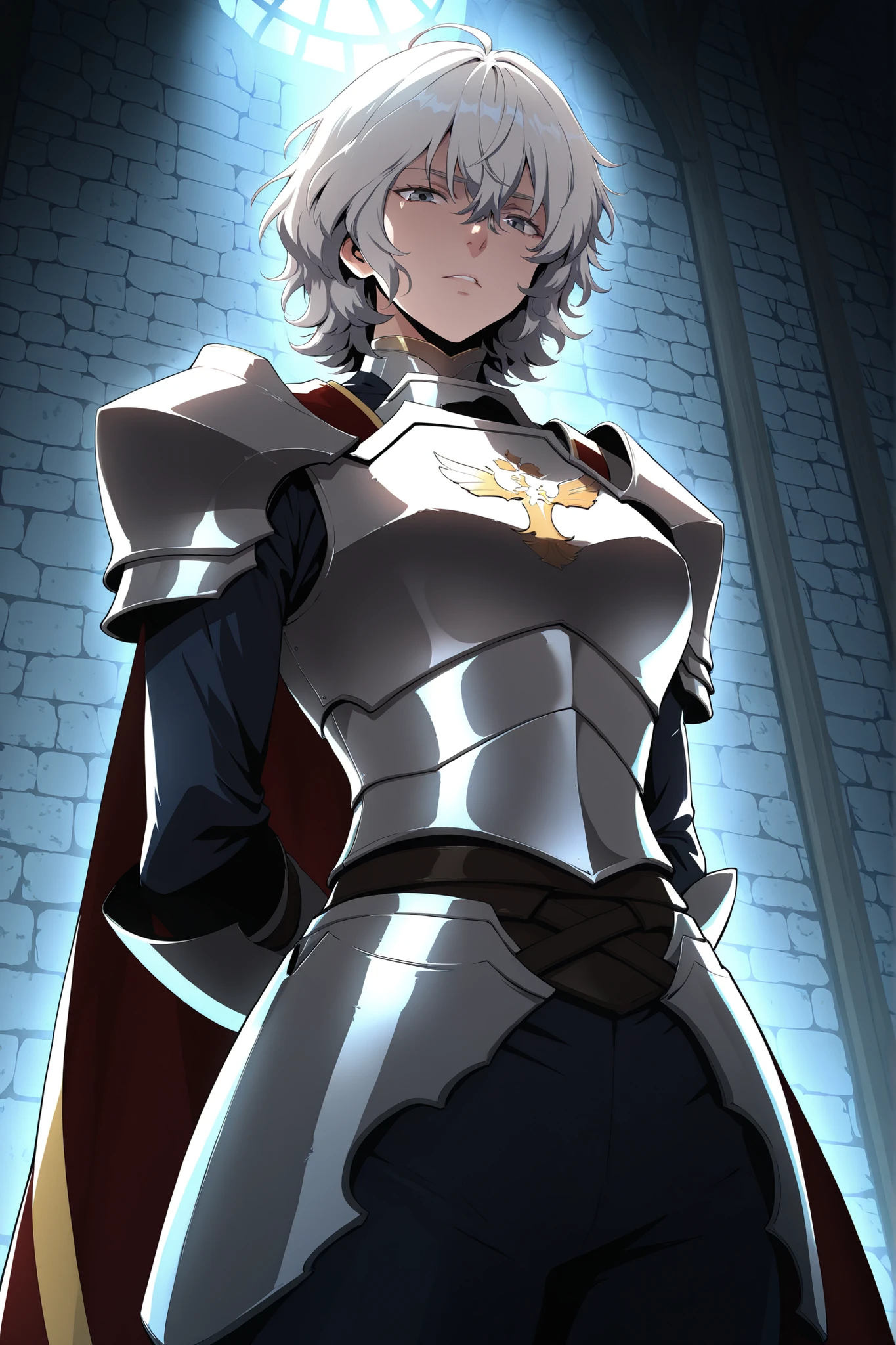 masterpiece, best quality, ultra-detailed, absurdres, newest, cinematic lighting, regal mood, varayaurae, 1girl, white hair, short hair, messy hair, bangs, grey eyes, white armor, gold armor, breastplate, pauldrons, red cape, cold face, foreshortening,cowboy shot, looking at viewer, straight posture, commanding presence, hands behind back, standing indoors, stone walls, dim light, torchlight, gritty detail, dynamic lighting, chiaroscuro, from below