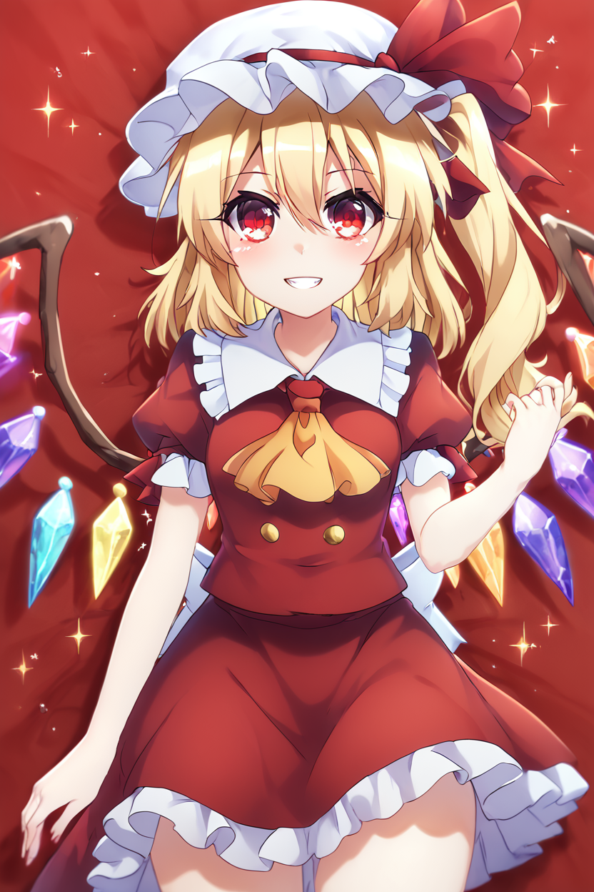 score_9, score_8_up, score_8, medium breasts, (curvy), cute, eyelashes,       BREAK, ,  ,,,  zzFlandre, red eyes, blonde hair, one side up, hair between eyes,  wings, ascot, red skirt, hat ribbon, short sleeves, puffy sleeves, mob cap, red shirt,  <lora:FlandreTouhou_PDXL:0.8>,   ,,, , BREAK, (warm colors), smile, looking at viewer, cowboy shot, ,,, embedding:zPDXL, Expressiveh, ,,, <lora:PrismaIllya_PDXL_v3:1.0>, <lora:SDXLFaeTastic2400:0.5>, <lora:Expressive_H-000001:0.4>,