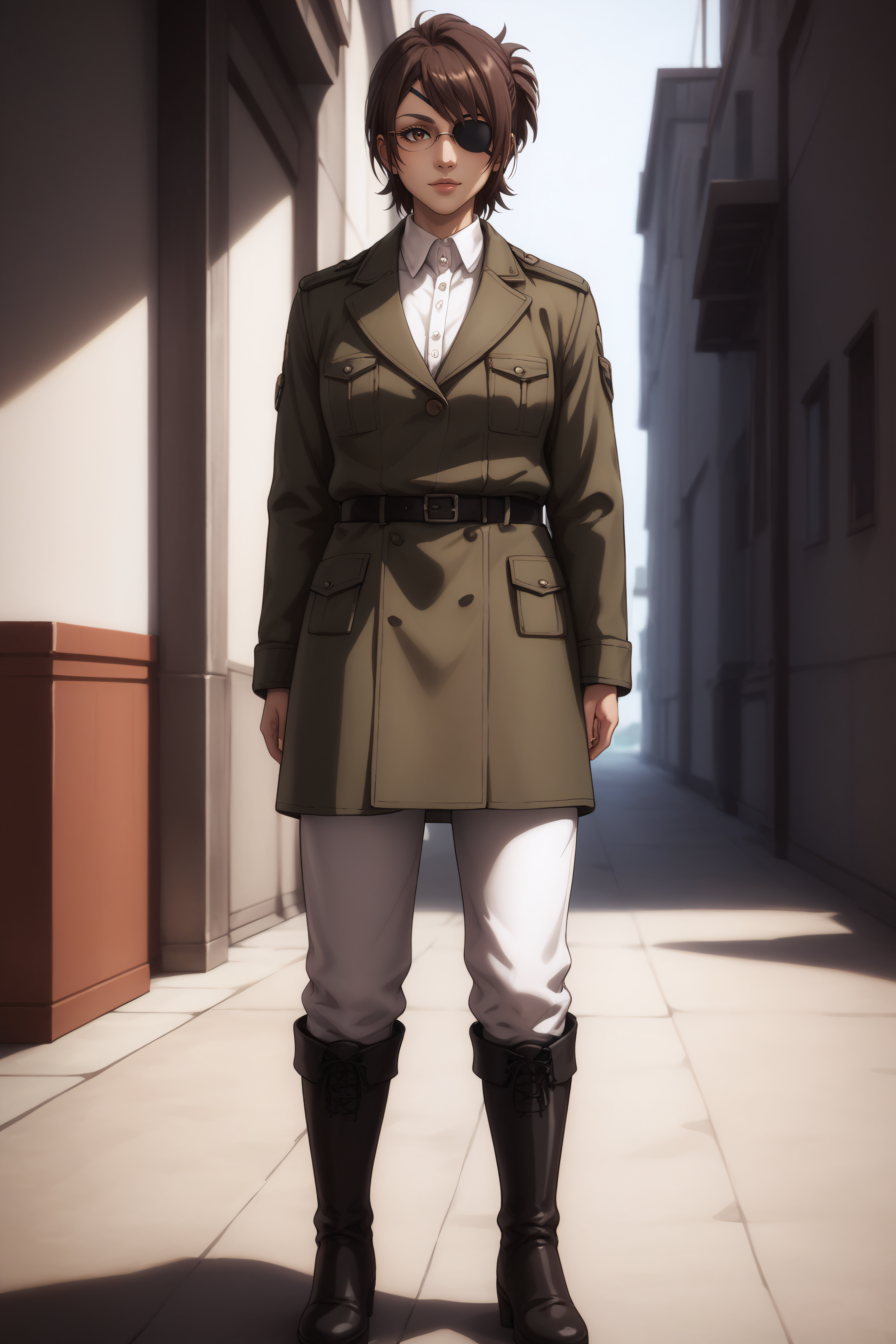 score_9, score_8_up, score_7_up, BREAK source_anime, <lora:hange zoë-PonyXL-lora-Faxtron:0.8> hange, glasses, brown eyes, dark brown hair, medium breasts, eye patch, military overcoat, survey corps \(emblem\), white shirt, white pants, knee boots, standing,
