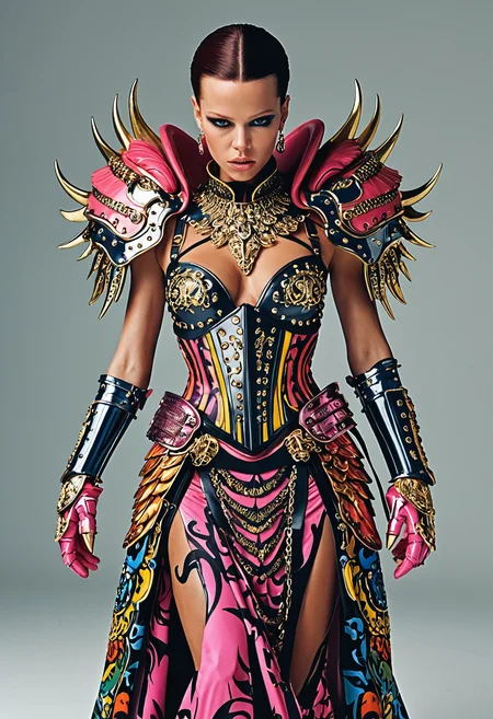 GTA-style artwork <lora:Alexander McQueen-concept art-000005:1>, alexander mcqueen, concept art, armor dress . Satirical, exaggerated, pop art style, vibrant colors, iconic characters, action-packed