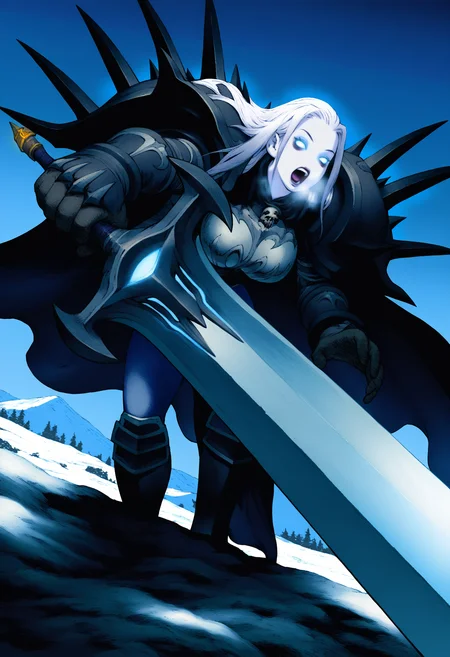 best quality, amazing quality, very aesthetic, absurdres, yoshida akihiko, BREAK
1girl,solo,(death knight:1.2),(armor:1.2),zombie,glowing eyes,aura,blue eyes,warcraft,pale skin,skull armor,frost magic,
(runeblade:1.2),holding sword,glowing sword,white hair,long hair,looking at viewer,leggings,cape,pov,outdoors,glacier,tundra,snow,mountains,night,horror,dark theme,black theme,muscular female,(foreshortening:1.2),dutch angle,leaning forward,crazy,bags under eyes,close-up,heavy breathing, <lora:AkihikoYoshidaNoobLocon_byKonan:1>