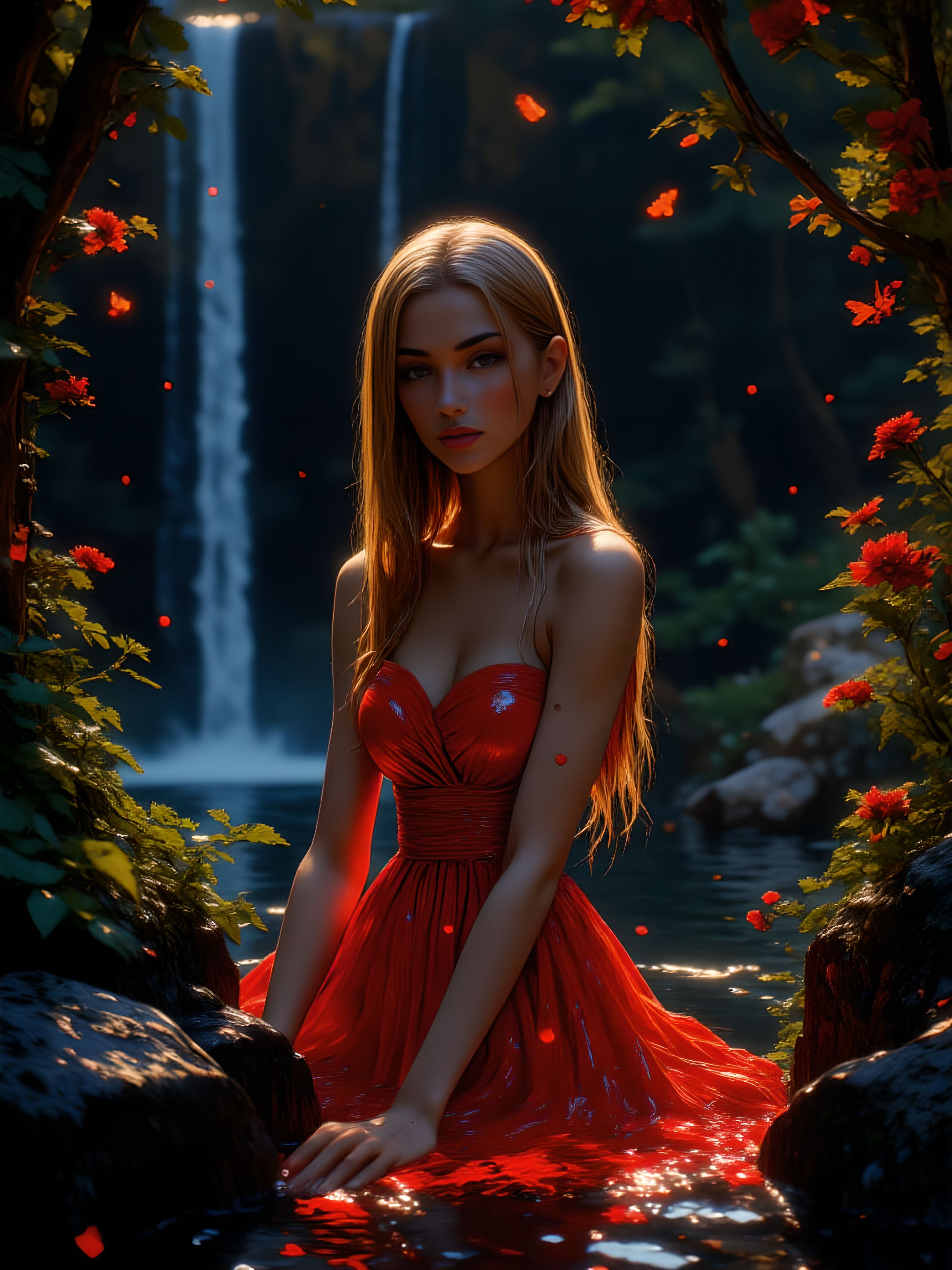 A photorealistic, ultrarealistic, professional photograph, as if shot on a Canon EOS R6 with an 80mm lens, capturing a beautiful 24-year-old Swedish woman. She stands in a lake, submerged up to her knees, wearing a stunning strapless red bioluminescent dress that casts a gentle glow against the dark surroundings. Her pose is tender, with her head resting delicately on her hands, and she gazes directly at the viewer with detailed, expressive eyes, a mix of sadness and embarrassment highlighted by a pronounced blush. The setting is a romantic nighttime scene, in front of a cascading waterfall, surrounded by a magical autumn forest. The environment glows with the warm hues of autumn: vines and green leaves intertwine with flowers, and the air is alive with red butterflies and shimmering red magical particles. A blood moon casts its eerie light over the forest, adding a touch of mystique. Her long, blonde hair, parted in the middle and straight, cascades gracefully over her shoulders, perfectly complementing the natural elegance of the scene. The composition is infused with art nouveau style, blending a dreamy, nature-inspired aesthetic with intricate details. aidmaimageupgrader, aidmaMJ6.1m, detailmaximizer, mythp0rt, ne0nfant4sy, drkfnts <lora:aidmaImageUpgrader-FLUX-V0.2:1.0> <lora:flux.1_lora_flyway_Epic-detail_v2:0.8> <lora:aidmaMJ6.1_aidmaMJ6.1-FLUX-v0.4:0.8> <lora:aesthetic2-cdo-0.5:0.8> <lora:v1v1dr34m:0.8> <lora:mythp0rt_FluxMythP0rtr4itStyle:0.9> <lora:ne0nfant4sy_NeonFantasyPrimeFLUX-000049:0.9>