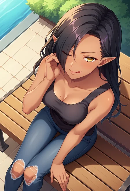 score_9, score_8_up, score_7_up, anime screencap, source_anime, 1girl, solo,
<lora:Luca_Kuroinu_V1:.85>, KJOluca, black hair, yellow eyes, pointy ears, hair over one eye, dark-skinned female,  female, long hair, 
black tank top, jeans, torn legwear,
sitting, on bench, hand on face, smirk, tongue out, one eye closed, looking at viewer, from above, head tilt,
day, park,
(Beautiful, medium Breasts:1.2), mature female,