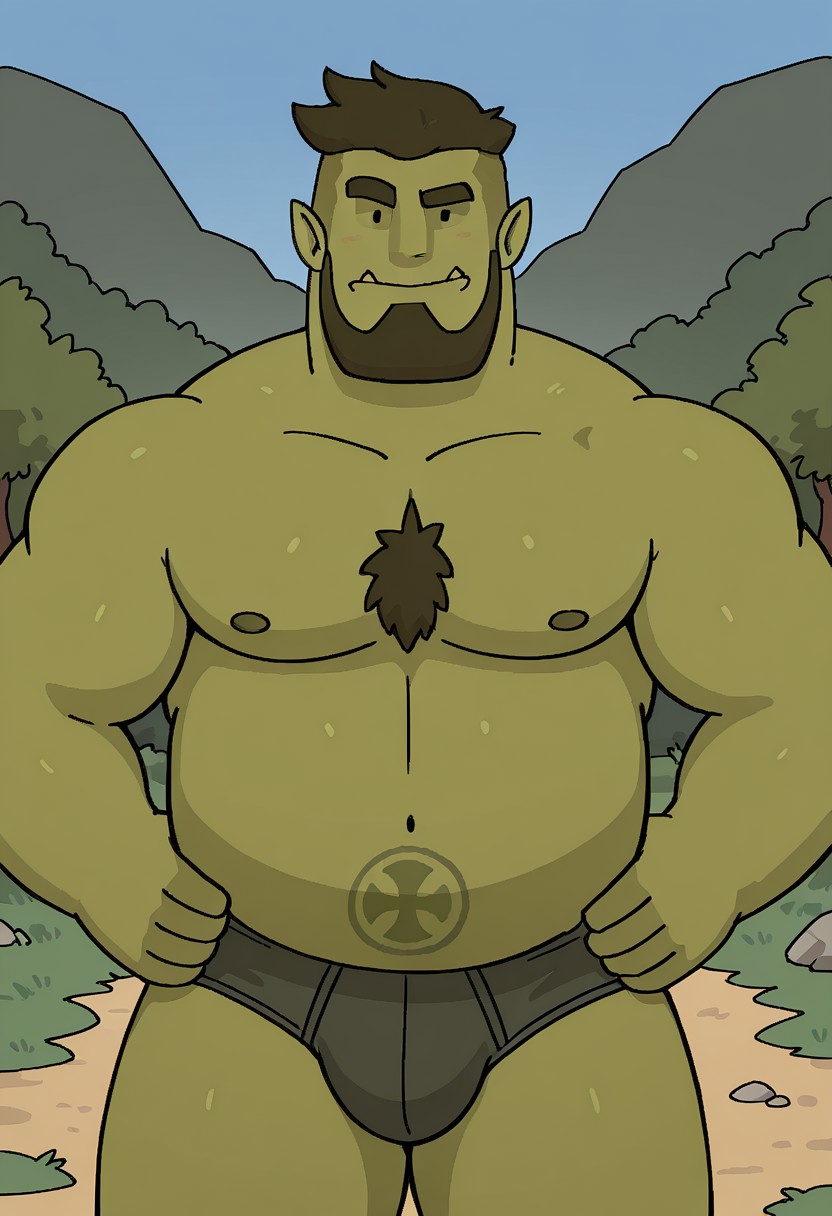 detailed background, masterpiece, best quality, amazing quality, detailed, newest, very aesthetic, RuliusRMA, orc, pectorals, chubby, fat, plump, facial hair, beard,1boy, bara, solo, male focus, black dot eyes, green skin, tusks, dark green briefs, outdoors background, looking at viewer, topless male, raised eyebrow, (((smile)))