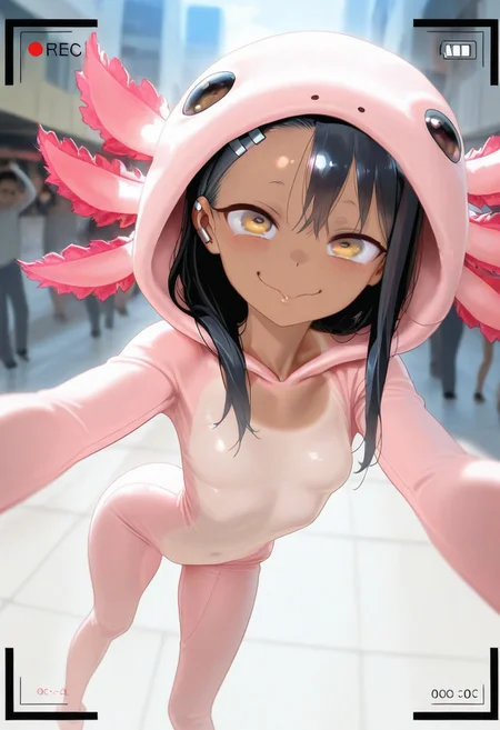 masterpiece, best quality, very aesthetic, absurdres, Detailed face, 8k, Ultra_HD, (detailed background:1.1), 1=2, face closeup, from above, zoom on face, rec, recording frame, photograph,
solo, 1girl, Hayase Nagatoro, petite, beautiful, perfect eyes, (golden eyes:1.1), dark skin, black hair, long hair, tanned skin, tanline, hourglass figure, animal costume, axolotl onesie, skindentation, skinny body, small breasts, short girl, intense gaze, excited, wide eyes, in front of viewer, face close to the lens, pov, posing, original pose, complex pose, split legs, one legs up, leg in tension, in balance, very flexible, wide hips, narrow waist, looking at viewer, puffy lips, detailed background, blurry background, comiket, crowded place,