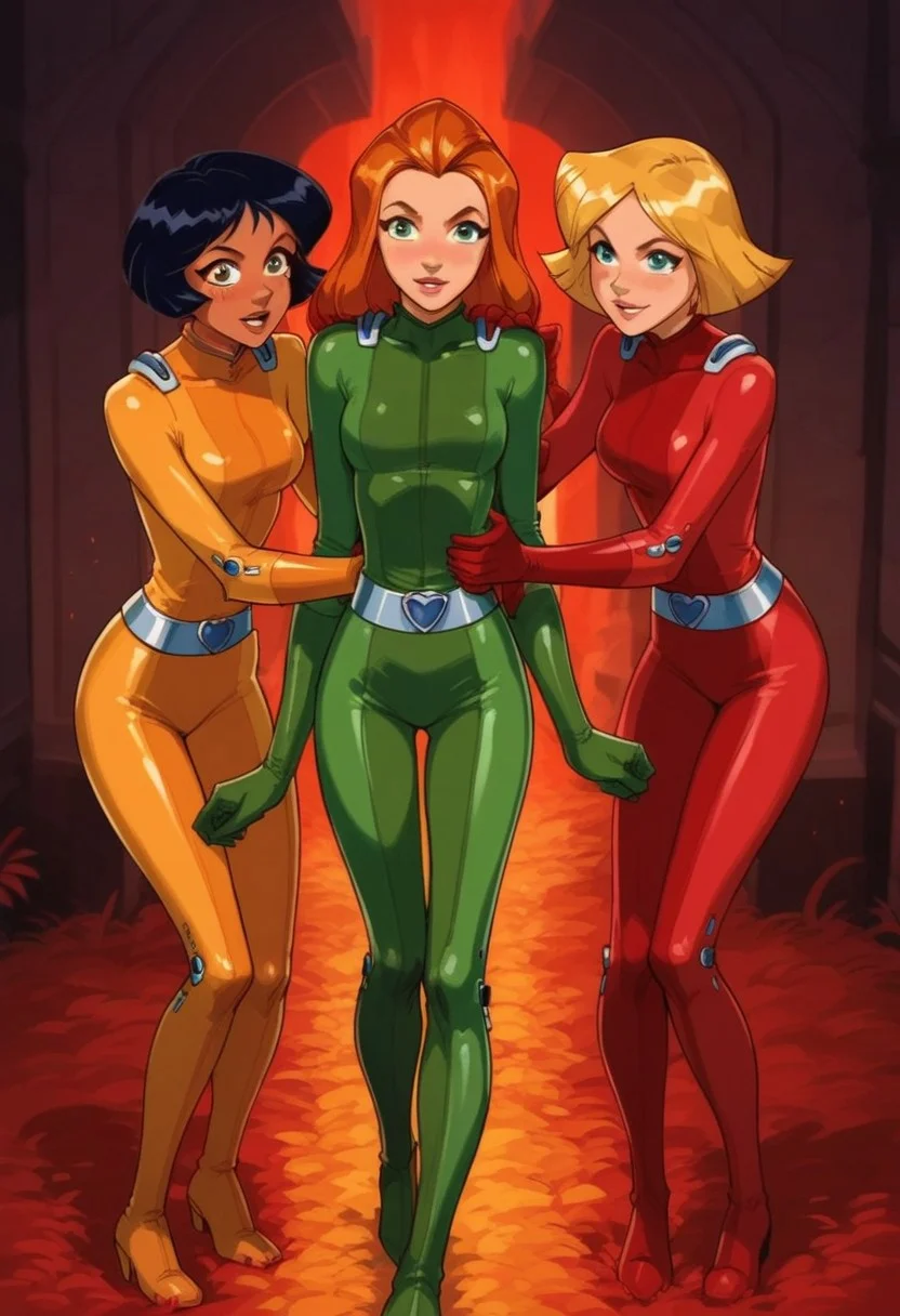 masterpiece,best quality, highly detailed, score_9, score_8_up, score_7_up, score_6_up, source_cartoon, BREAK, 1girls, 3girls, multiple girls, \(totally spies\), samts, alexts, cloverts, orange hair, green eyes, blonde hair, blue eyes, brown hair, brown eyes, red bodysuit, green bodysuit, yellow bodysuit,
