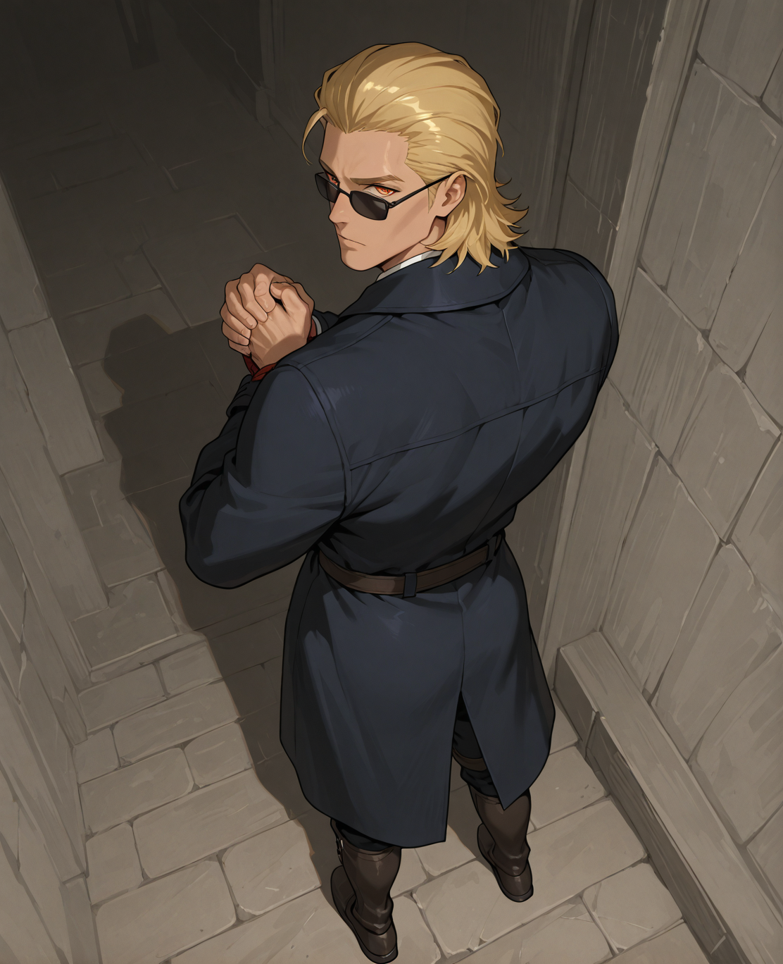PonyScores7, source_anime, ah, 1IllustriousQual, interesting, exciting, spectacular, wonderful,
BREAK ((from above), (from back), focus on knees),
BREAK <lora:albertwesker-guy-PONYv1:0.8>, albertwesker, 1boy, toned, athletic, fit, mature male,  angular face, sharp_featured face, handsome, charming, alluring, <lora:shinyskin2:0.2>, glistening skin, AS-MidAged,
BREAK slicked back hair, short hair, blonde, <lora:hairdetailpxl:0.2>, hairdetailpxl, 
BREAK slit pupils, orange eyes, <lora:expressive eyes:0.2>, expressive eyes, <lora:eyedetailpxl:0.2>, eyedetailpxl, <lora:Eyes_High_Definition:0.2>, EyesHD,
BREAK (Tanned and weathered, his rugged skin a testament to years spent under the scorching sun, the bronco rider burst forth from the gate, his worn leather chaps flapping wildly as he clung to the bucking beast, his calloused hands gripping the rope with a fierce determination that refused to yield),
BREAK (picturesque countryside with rolling hills and farmhouses),
BREAK Jovial, <lora:Expressive_H:0.2>, Expressiveh, looking at viewer, <lora:Emotional_Anime_Expressions_PonyXL_Concept:0.2>, emotional, <lora:Best_Facial_Expression_LoRA_PONY:0.2>, <lora:Detailed expressive EXEV style -XL Pony V1.0:0.2>, FaceDetail,
BREAK (savoy blue kevlar coat, fedora, locust spectacles), (sunglasses:1.3), 
BREAK <lora:xl_more_art-full_v1:0.2>, <lora:aesthetic_anime_v1s:0.2>, <lora:EpicF4nta5yXL:0.2>, <lora:detailxl:0.2>, detailxl, <lora:Fant5yP0ny:0.2>, best quality, amazing quality, best aesthetic, absurdres, illustration, Volumetric_Lighting, ultra-detailed, very aesthetic, intricate details, 8k, masterpiece, best_quality,
BREAK Stable_Yogis_PDXL_Positives, AS-Adult, <lora:Complicated fantasy portrait - XL Pony V2.0:0.2>, bad-hands-5, <lora:HDA_Detailer:0.3>,