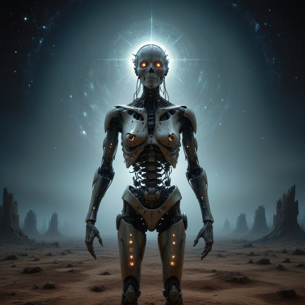 a painting that captures the essence of a poem: 
(star fields where machine souls rust under the last of Betelgeuse's light,  
it will go nova soon,
Veni, vidi, vici; 
When heaviest is the crown of the ghost of a god, will you come out to play; 
Use caution when dealing with the fallible tenets of aegis' rimwalkers; 
Cyborg religious sects turned loose with the coming of the new dawn, 
their prophecies hastily carved into silicon;
Do not despair o' voidwalker, for what happens in the dark is destined to come to light, both now and forever more...), 
Andrei Tarkovsky Style page,detailxl,