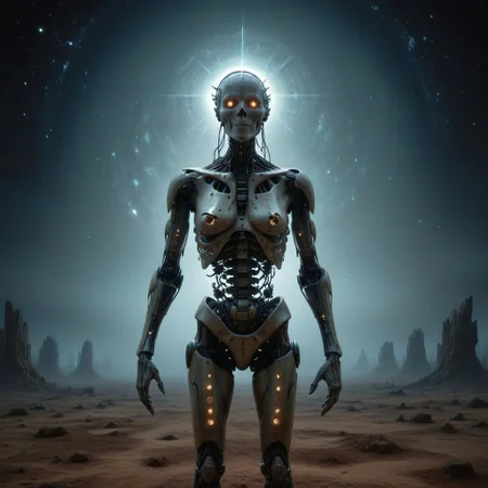 a painting that captures the essence of a poem:
(star fields where machine souls rust under the last of Betelgeuse's light,
it will go nova soon,
Veni, vidi, vici;
When heaviest is the crown of the ghost of a god, will you come out to play;
Use caution when dealing with the fallible tenets of aegis' rimwalkers;
Cyborg religious sects turned loose with the coming of the new dawn,
their prophecies hastily carved into silicon;
Do not despair o' voidwalker, for what happens in the dark is destined to come to light, both now and forever more...),
Andrei Tarkovsky Style page,detailxl,