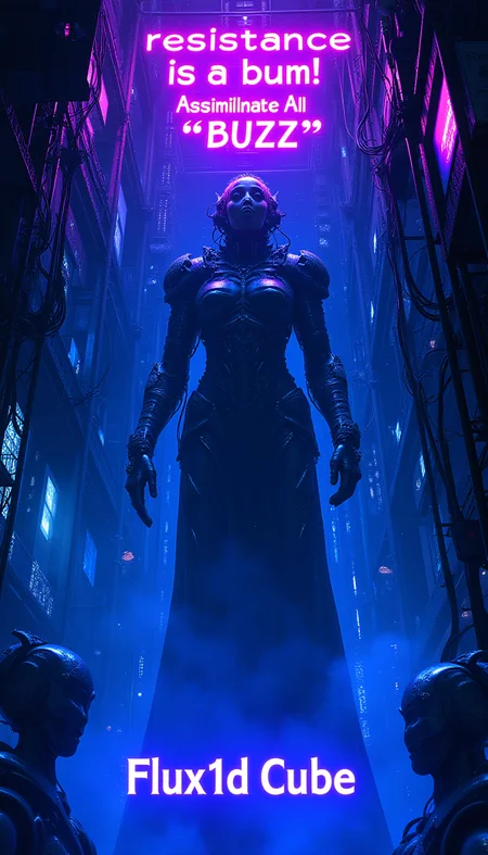 The Giant Borg queen descending from the ceiling with power and glory and might, wires cables, humanoid drones and computer lights everywhere top floating purple neon text bubble "resistance is a bum! Assimilate All *BUZZ*" add bottom bright blue text "Flux1d Cube" cyberpunk
<lora:Cinematic_style:0.3><lora:flux_realism_lora:0.3>