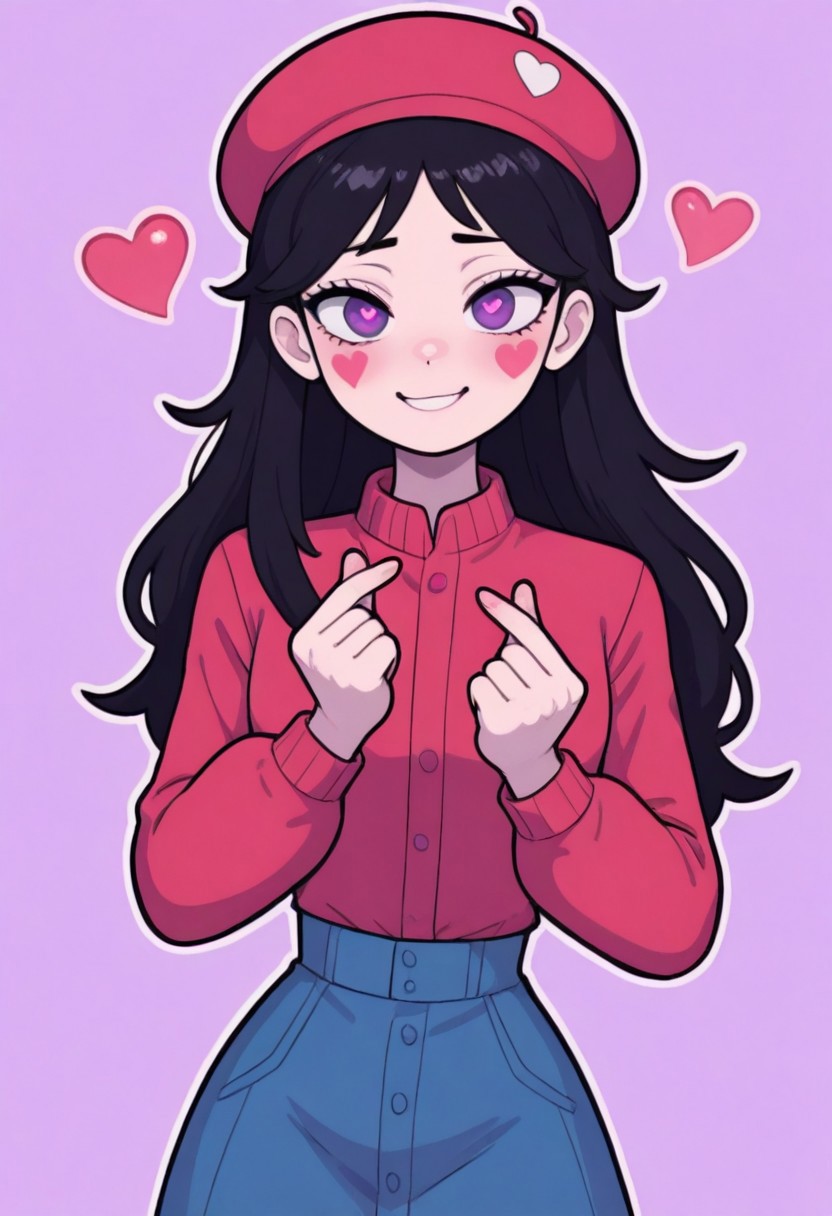 Pst,
wendy testaburger, south park,1girl, purple eyes, black hair, long hair, hat, beret, heart,
 ,solo,finger_heart gesture