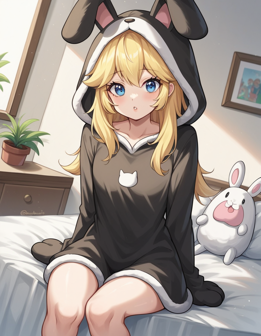 score_9, score_8_up, score_7_up, source_anime, princesspeach, <lora:princess-peach-chibi-ponyxl-lora-nochekaiser:1> princess peach, blonde hair, blue eyes, long hair,, <lora:kigurumi-ponyxl-lora-nochekaiser:1>, kigurumi, animal hood, animal costume, cosplay, rabbit costume, dragon costume, bear costume, dinosaur costume, sheep costume, cat costume, dog costume, panda costume, tiger costume,, indoors, bed, bed room, sitting, , looking at viewer, solo, cowboy shot, dutch angle