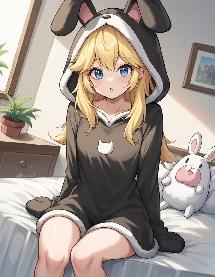 score_9, score_8_up, score_7_up, source_anime, princesspeach, <lora:princess-peach-chibi-ponyxl-lora-nochekaiser:1> princess peach, blonde hair, blue eyes, long hair,, <lora:kigurumi-ponyxl-lora-nochekaiser:1>, kigurumi, animal hood, animal costume, cosplay, rabbit costume, dragon costume, bear costume, dinosaur costume, sheep costume, cat costume, dog costume, panda costume, tiger costume,, indoors, bed, bed room, sitting, , looking at viewer, solo, cowboy shot, dutch angle