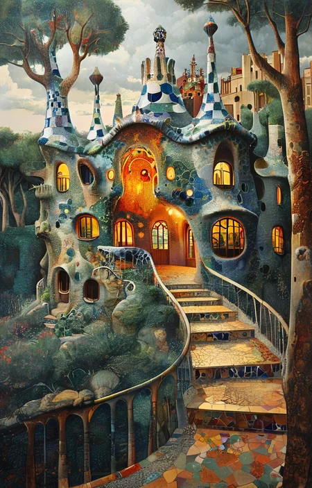 masterpiece,best quality,<lora:tbh305-sdxl:0.9>,illustration,designed by Antoni Gaudi Whimsical treehouse complex in a lush forest, channeling the spirit of Antoni Gaudí